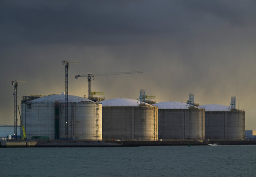 LNG storage tanks at Rotterdam harbour in autumn with no people