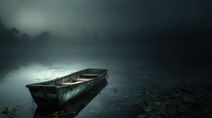 Abandoned Boat Floating in Mysterious Foggy River Landscape