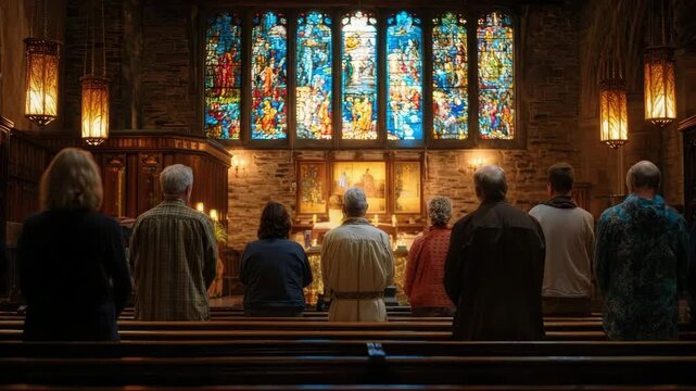 A congregation of people worshiping in a traditional church. Parishioners sit in pews facing a large stained-glass window during a service. Faith and community concept
