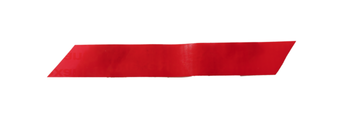 Red adhesive tape strip with torn edge shown as simple horizontal element. Sticky warning fragment