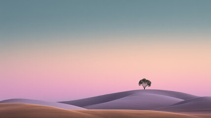 Minimal lush landscape with lone tree at sunset
