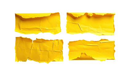 Four textured rectangular sections of yellow torn paper, outlined in yellow against a black background