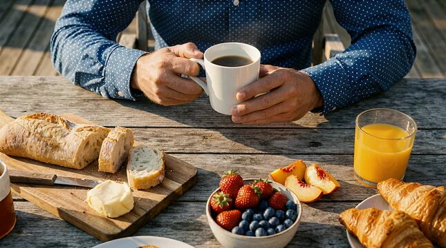 Man Enjoys Continental Breakfast with Bread Fruit Coffee And Orange Juice on Wooden Table in Outdoor Setting During Sunny Day