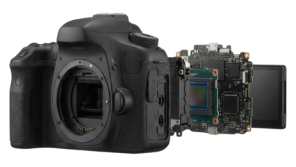 Exploded View of DSLR Camera Components on White