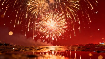 A vibrant display of fireworks illuminates the night sky above a reflective waterfront casting golden sparks and creating a festive atmosphere.