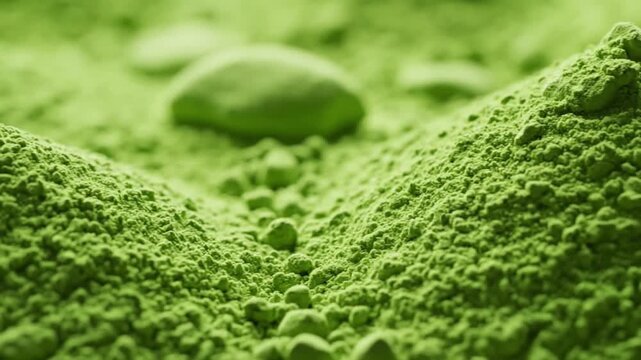 4K close-up shot of high-quality matcha green tea powder for backgrounds in health and wellness videos.