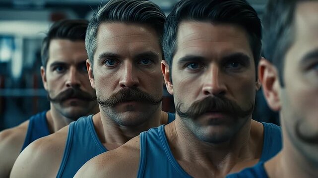 Four men with mustaches in a line wearing blue shirts.