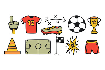 Collection of hand-drawn soccer elements including a ball, trophy, jersey, and field