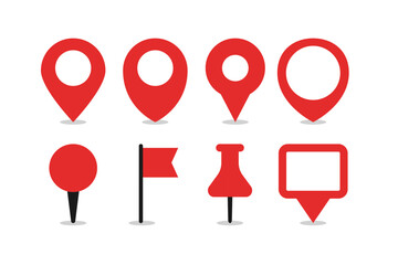 Collection of red map pin icons and location markers on a white background © Precious