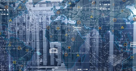 Animation of data processing and world map over server room - Powered by Adobe
