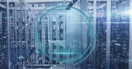 Animation of mathematical equations, scope, binary coding data processing over computer servers - Powered by Adobe