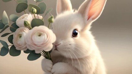 White rabbit holding eucalyptus and rose flower bouquet, spring card for tender romantic event or easter celebration