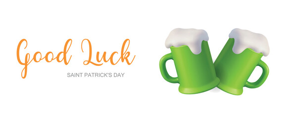Good Luck banner with two green beer mugs for Saint Patricks Day