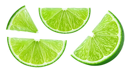 Four vibrant, segmented wedges of green citrus fruit, isolated on a stark black background