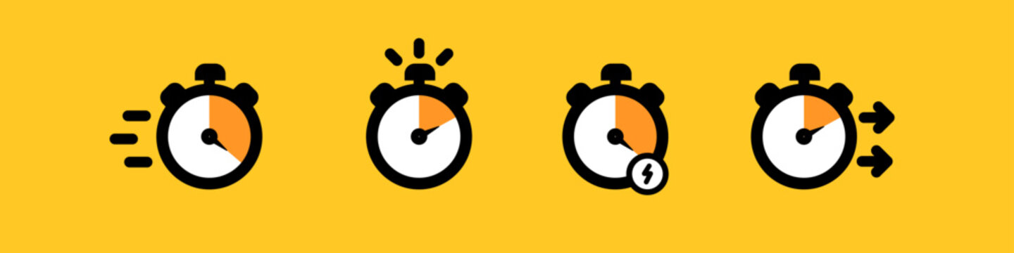 Set of four stopwatch icons representing speed, alarm, energy, and quick action