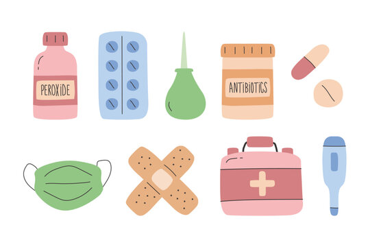 Collection of medical supplies and first aid items in a simple flat illustration style