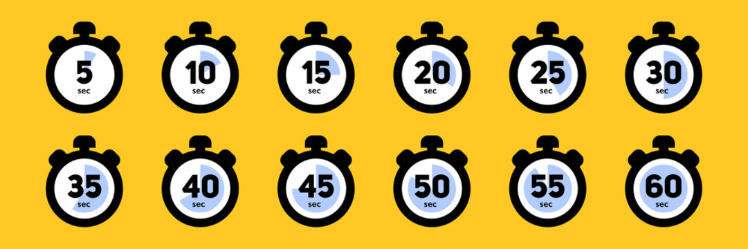 Collection of stopwatch icons showing time intervals from 5 to 60 seconds