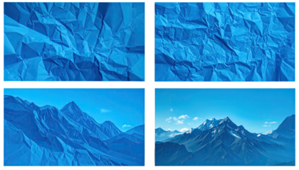 Four-panel composition showing detailed crumpled paper textures and majestic mountain ranges