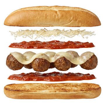 Deconstructed Meatball Sub Sandwich Ingredient Layers Isolated on White