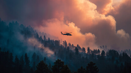 Helicopter flying over forest fire smoke
