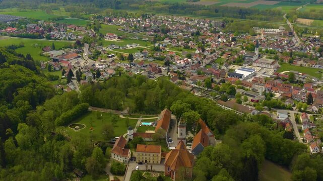 Aerial view of the city altenstadt Iller and castle Illereichen in Germany on a sunny spring day 