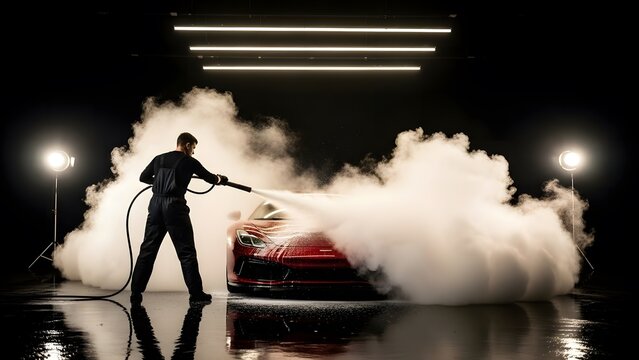 Man washing red sports car with pressure washer creating large steam clouds in dark studio, professional auto detailing