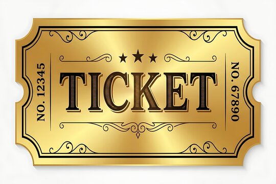 One single gold ticket movie or concert isolated transparent background photo PNG file. Golden Ticket. Elegant Admit Pass with Stars