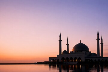 Obraz premium Majestic mosque silhouette at peaceful sunset reflected in water