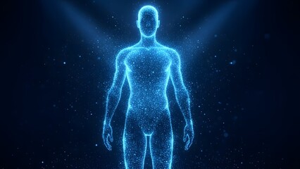 A glowing blue ethereal human silhouette stands against a dark background composed of many small light particles representing energy spirituality or advanced technological concepts