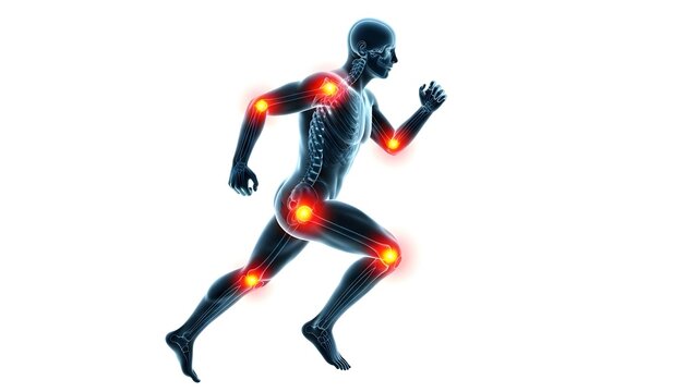 Human body running with highlighted red points on joints showing chronic pain arthritis or sports injury anatomy medical illustration of skeletal system and inflammation points for health concepts