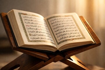 Obraz premium Open Quran with Arabic calligraphy on a traditional wooden rehal