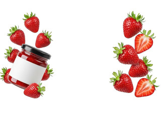 Strawberry jam jar with strawberries isolated on transparent background