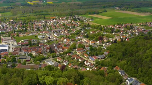 Aerial view of the city altenstadt Iller and castle Illereichen in Germany on a sunny spring day 