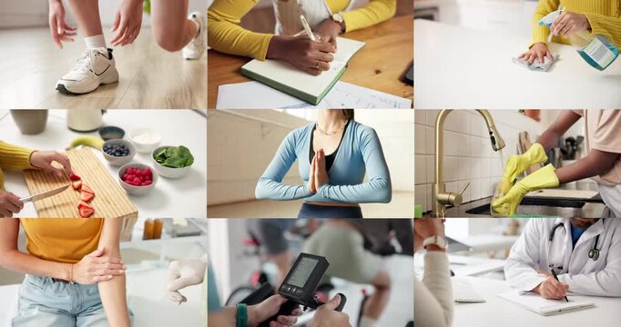 Hands, collage and people with health, wellness and self care with community for safety. Medical, cleaning and composite of women with montage for checkup, exercise or cooking for development.