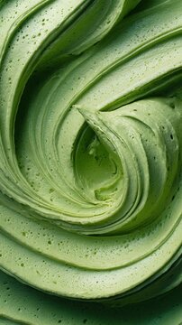 Vibrant green creamy dessert, smooth rich texture, captivating swirl abstract pattern. Lush cream elegantly swirls, forming delightful food art background for culinary themes. Refreshing sweet treat