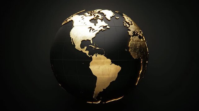 A golden globe depicts countries and continents on a black background, highlighting geographical features and division