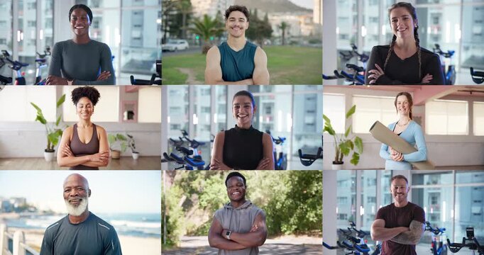 Face, fitness and people with smile, montage and exercise with membership, pride and workout routine. Men, women or health club with confidence, collage or training with personal trainer or about us