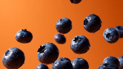Blueberries floating on orange background minimal food

