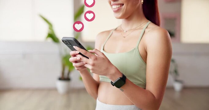 Hands, phone and overlay with heart emoji, texting and happy with chat for online dating at gym. Person, smile and typing with sign, icon or symbol on mobile app, contact or fitness with social media