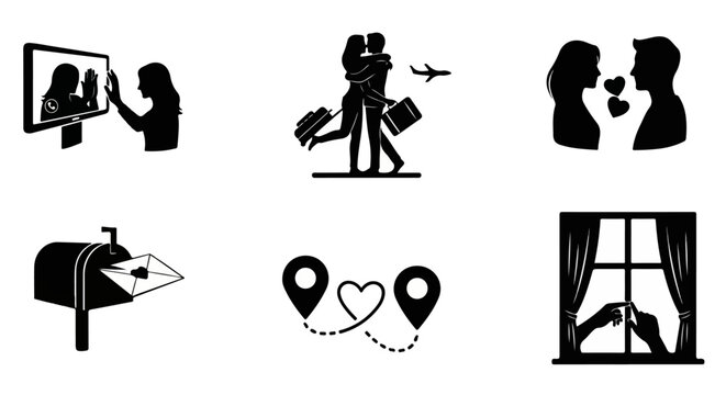 Long Distance Relationship Vector Set &ndash; Romantic Couple Silhouettes, Travel Love Connection, Communication and Togetherness Icons