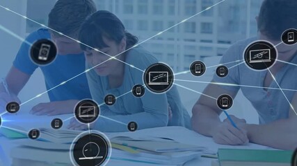 Animation of network of connections with icons over diverse students - Powered by Adobe