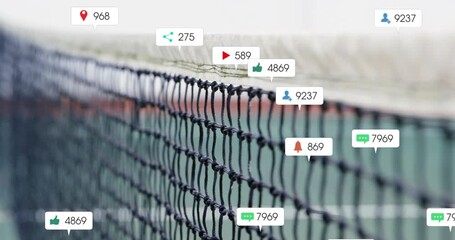 Animation of notification icons and changing numbers over tennis net in court - Powered by Adobe