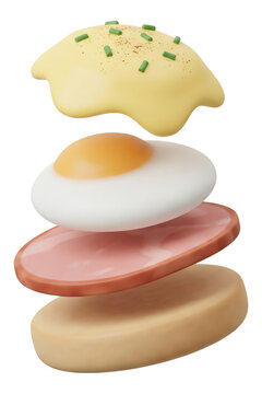 Deconstructed Breakfast Sandwich 3D Rendering on White