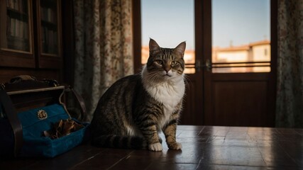 Cat sits on wooden table near window with view of city in evening light