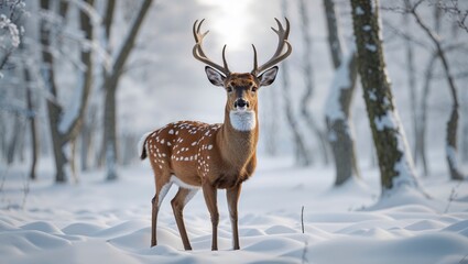 Deer stands in snowy forest during winter morning with trees in background and soft sunlight filtering through branches