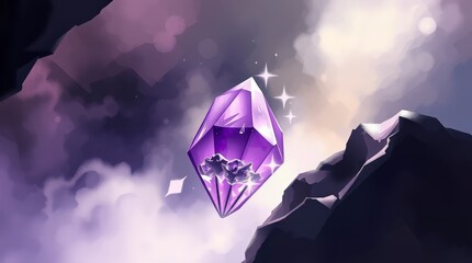 Shining purple crystal floating between rocks in a cloudy background during the daytime