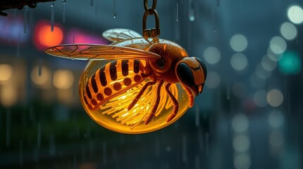 Bright bee light hangs on a rainy street at night with blurred lights in the background