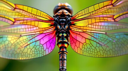 Colorful dragonfly displays wings in bright sunlight while perched on a green leaf in a garden