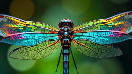 Dragonfly displays colorful wings while resting on a branch in the woods during daytime