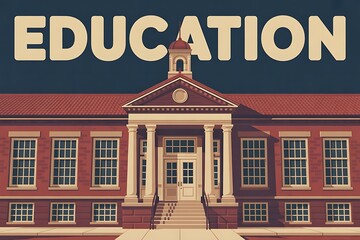 Obraz premium A classic mid-20th-century brick school building façade, a three-story red brick building with symmetrical rows of tall white-framed windows, a large entrance with concrete steps and geometric details
